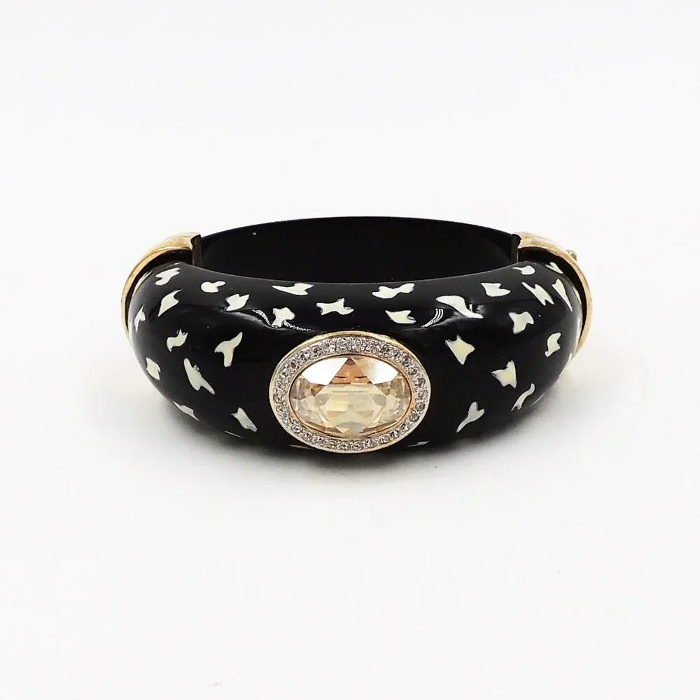 Vintage 1980s Italian Black Spotted Rhinestone Cuff Bracelet - Picture 8 of 11